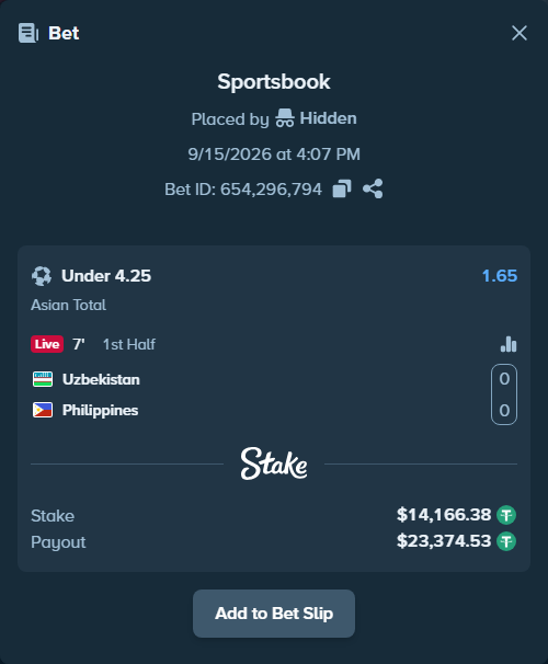 Bet slip: Uzbekistan - Philippines, $14,166.38 stake at 1.65 odds, placed by Hidden