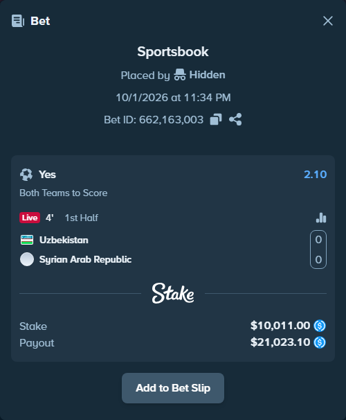 Bet slip: Uzbekistan - Syria, $10,011.00 stake at 2.10 odds, placed by Hidden