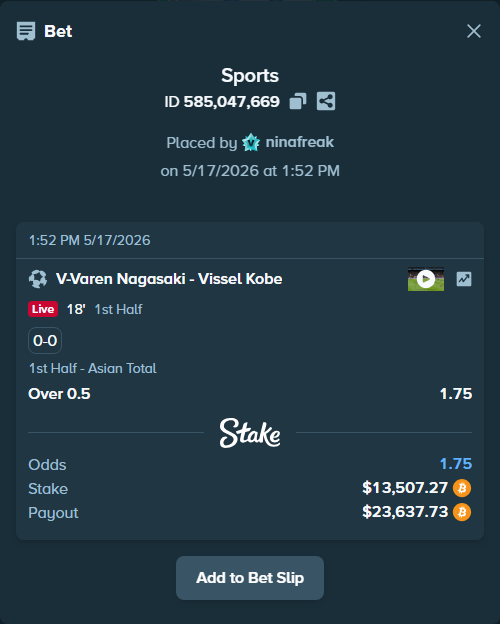 Bet slip: V-Varen Nagasaki - Vissel Kobe, $11,114.83 stake at 1.75 odds, placed by ninafreak