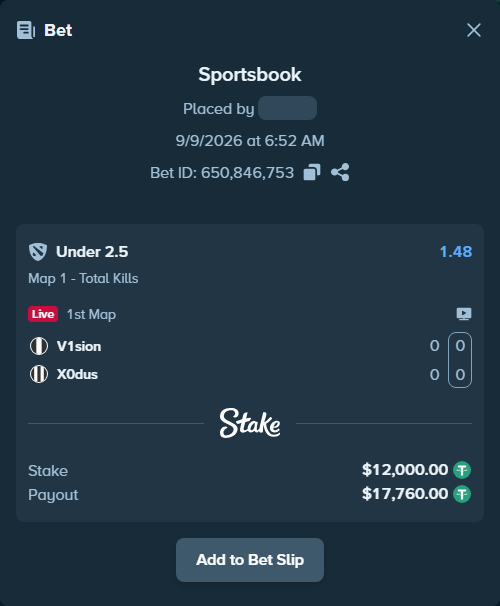 Bet slip: V1sion - X0dus, $12,000.00 stake at 1.48 odds, placed by saszakoncza