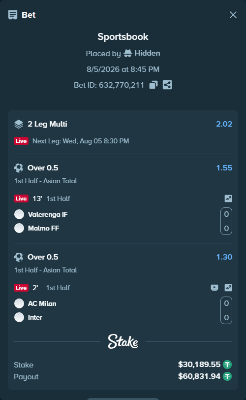Bet slip: Vaalerenga Oslo - Malmo FF, $30,219.74 stake at 1.55 odds, placed by Hidden