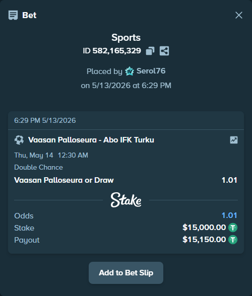Bet slip: Vaasan Palloseura - Abo IFK Turku, $15,000.00 stake at 1.01 odds, placed by Serol76