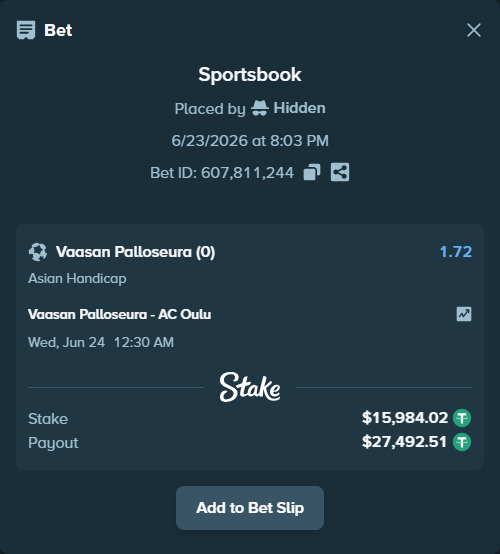 Bet slip: Vaasan Palloseura - AC Oulu, $16,000.00 stake at 1.72 odds, placed by Hidden