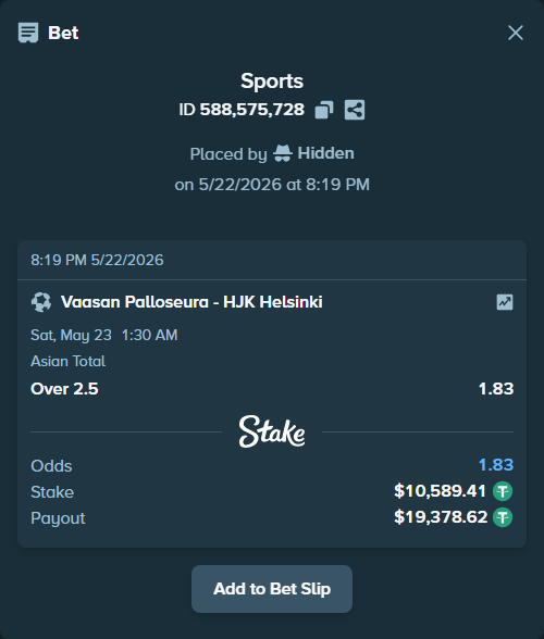Bet slip: Vaasan Palloseura - HJK Helsinki, $10,600.00 stake at 1.83 odds, placed by Hidden