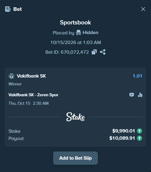 Bet slip: Vakifbank SK - Zeren Spor, $10,000.00 stake at 1.01 odds, placed by wbb1993