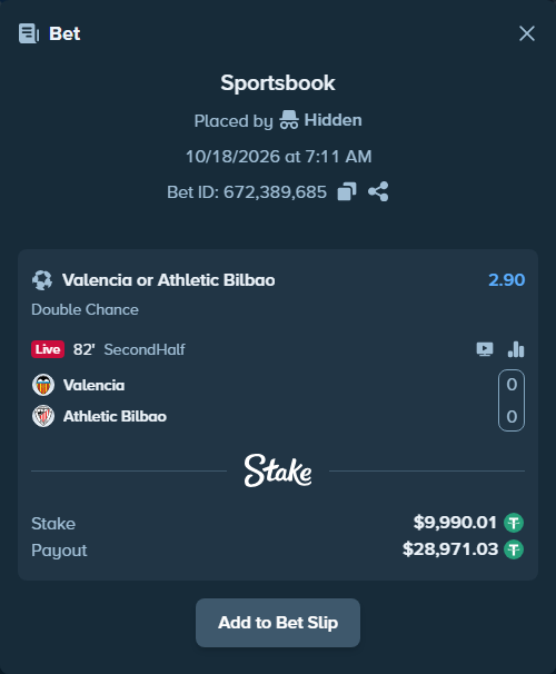 Bet slip: Valencia - Athletic Bilbao, $10,000.00 stake at 2.90 odds, placed by Wawakok