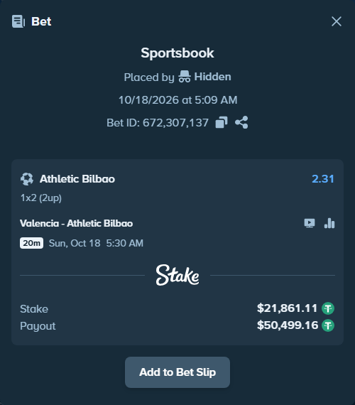 Bet slip: Valencia - Athletic Bilbao, $21,882.97 stake at 2.31 odds, placed by DMNTE96