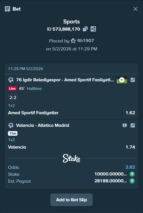Bet slip: Valencia - Atletico Madrid, $10,000.00 stake at 1.74 odds, placed by fth1907
