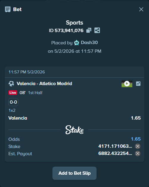 Bet slip: Valencia - Atletico Madrid, $4,796.85 stake at 1.65 odds, placed by Dash30