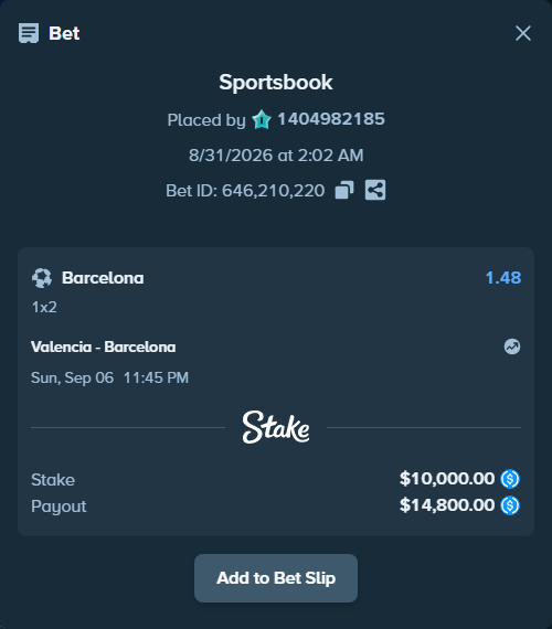 Bet slip: Valencia - Barcelona, $10,000.00 stake at 1.48 odds, placed by 1404982185