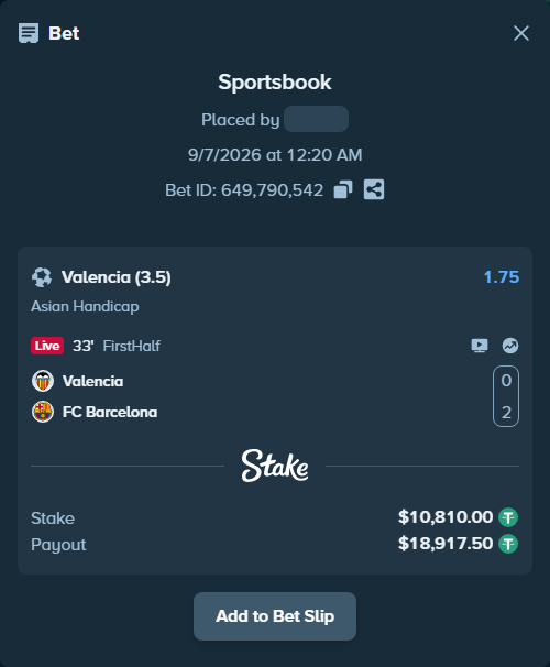 Bet slip: Valencia - Barcelona, $10,810.00 stake at 1.75 odds, placed by piropiro12