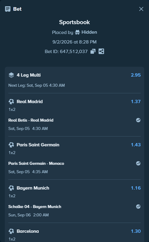 Bet slip: Valencia - Barcelona, $12,000.00 stake at 1.30 odds, placed by Hidden