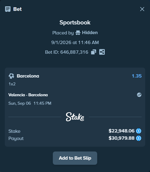Bet slip: Valencia - Barcelona, $22,948.06 stake at 1.35 odds, placed by Hidden