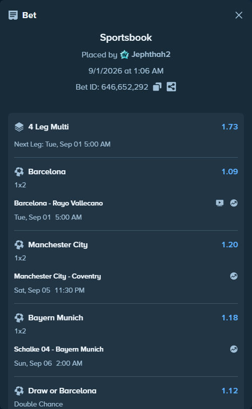 Bet slip: Valencia - Barcelona, $40,075.00 stake at 1.12 odds, placed by Jephthah2