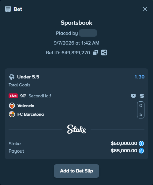 Bet slip: Valencia - Barcelona, $50,000.00 stake at 1.30 odds, placed by Bokket