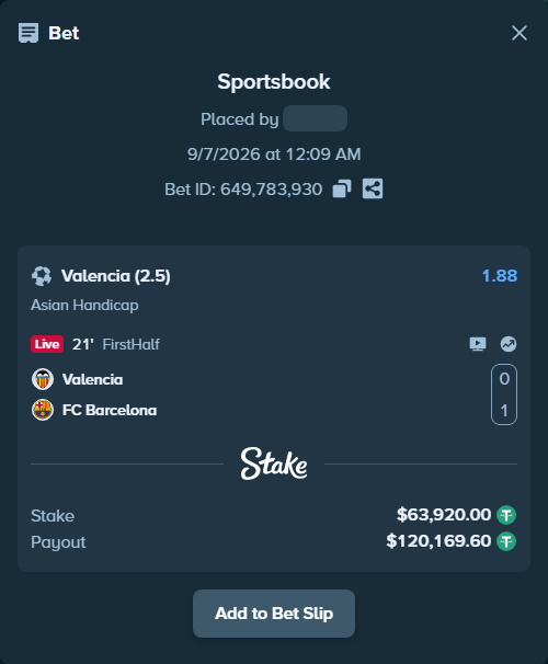 Bet slip: Valencia - Barcelona, $63,920.00 stake at 1.88 odds, placed by piropiro12