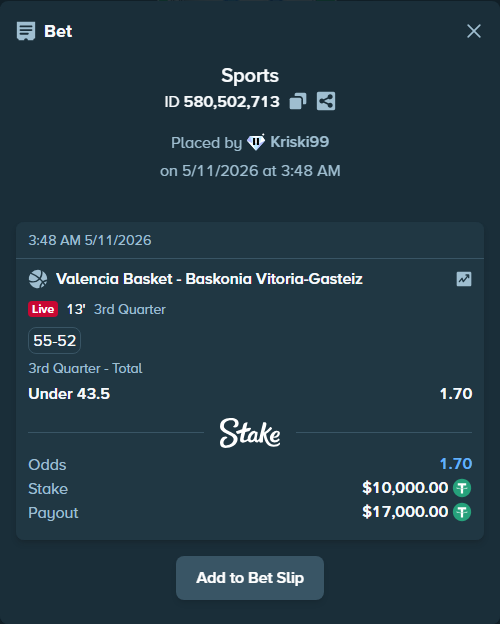 Bet slip: Valencia Basket - Baskonia Vitoria-Gasteiz, $10,000.00 stake at 1.70 odds, placed by Kriski99