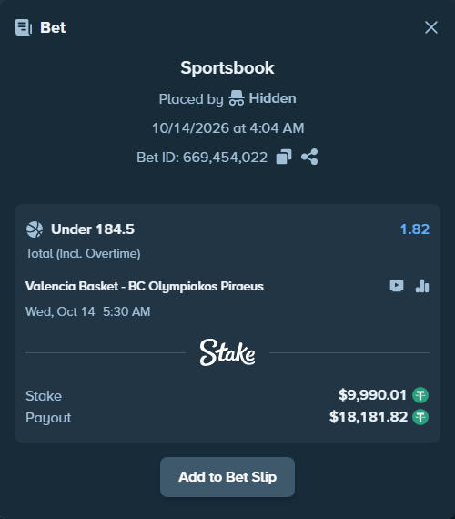 Bet slip: Valencia Basket - BC Olympiakos Piraeus, $10,000.00 stake at 1.82 odds, placed by Hidden