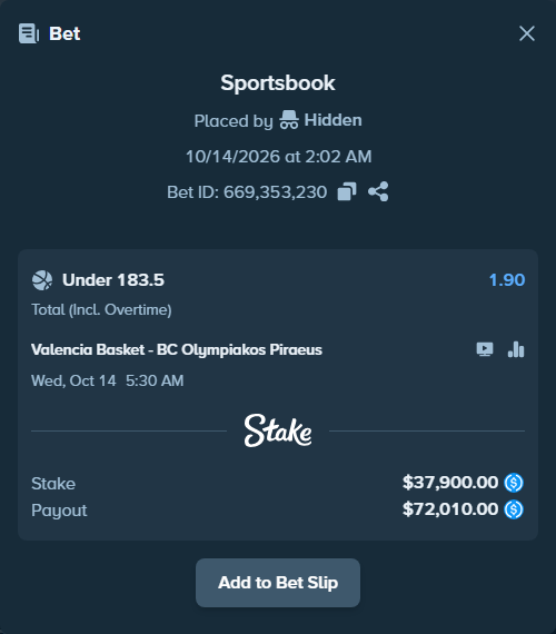 Bet slip: Valencia Basket - BC Olympiakos Piraeus, $37,900.00 stake at 1.90 odds, placed by Hidden