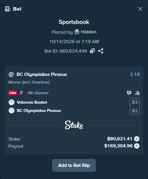 Bet slip: Valencia Basket - BC Olympiakos Piraeus, $80,352.91 stake at 2.10 odds, placed by Prettylfacko98