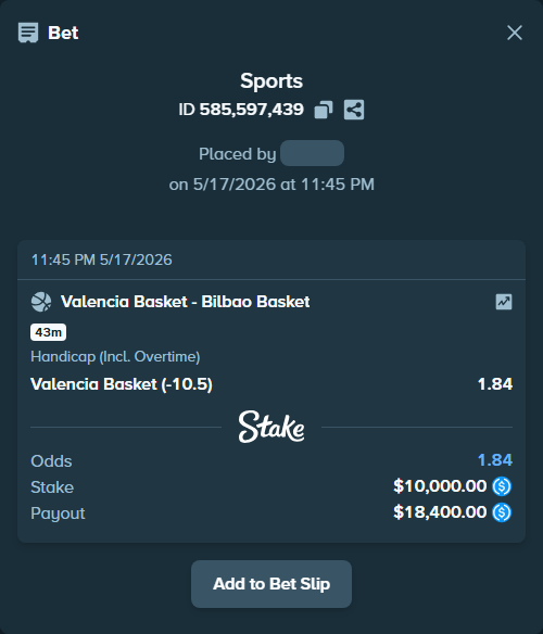 Bet slip: Valencia Basket - Bilbao Basket, $10,000.00 stake at 1.84 odds, placed by Jmccoy11