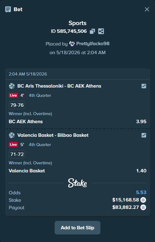 Bet slip: Valencia Basket - Bilbao Basket, $12,821.51 stake at 1.40 odds, placed by Prettylfacko98