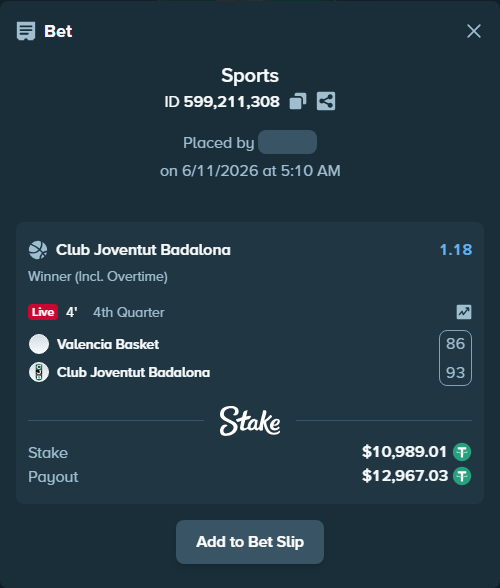 Bet slip: Valencia Basket - Club Joventut Badalona, $11,000.00 stake at 1.18 odds, placed by Liron5555