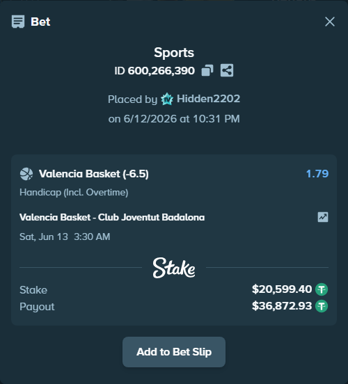 Bet slip: Valencia Basket - Club Joventut Badalona, $20,620.00 stake at 1.79 odds, placed by Hidden2202