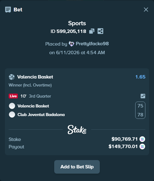 Bet slip: Valencia Basket - Club Joventut Badalona, $104,881.98 stake at 1.65 odds, placed by Prettylfacko98