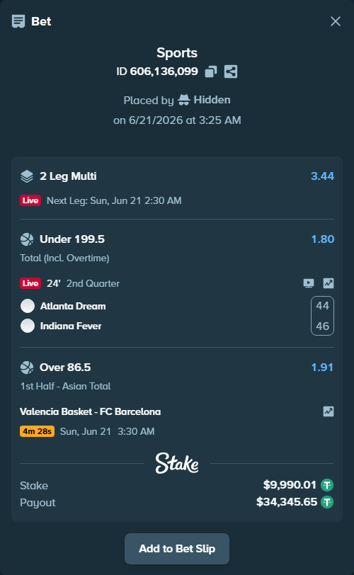 Bet slip: Valencia Basket - FC Barcelona, $10,000.00 stake at 1.91 odds, placed by Hidden