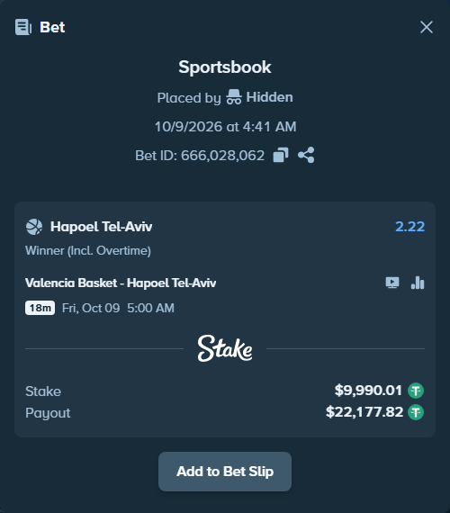 Bet slip: Valencia Basket - Hapoel Tel-Aviv, $10,000.00 stake at 2.22 odds, placed by Theketkitkitty