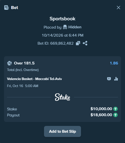 Bet slip: Valencia Basket - Maccabi Tel-Aviv, $10,010.00 stake at 1.86 odds, placed by Hidden