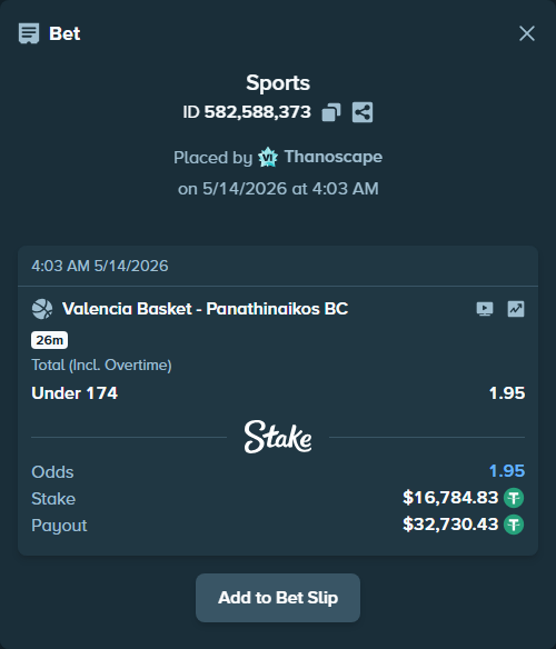 Bet slip: Valencia Basket - Panathinaikos BC, $16,784.83 stake at 1.95 odds, placed by Thanoscape