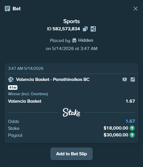 Bet slip: Valencia Basket - Panathinaikos BC, $18,000.00 stake at 1.67 odds, placed by Hidden
