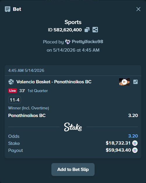 Bet slip: Valencia Basket - Panathinaikos BC, $15,066.77 stake at 3.20 odds, placed by Prettylfacko98