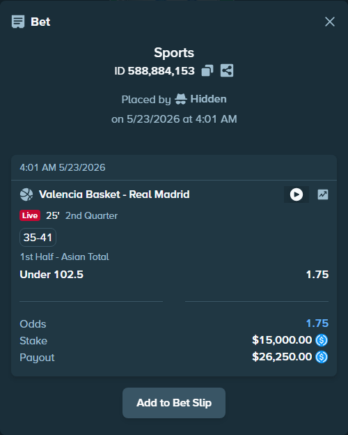 Bet slip: Valencia Basket - Real Madrid, $15,000.00 stake at 1.75 odds, placed by Hidden