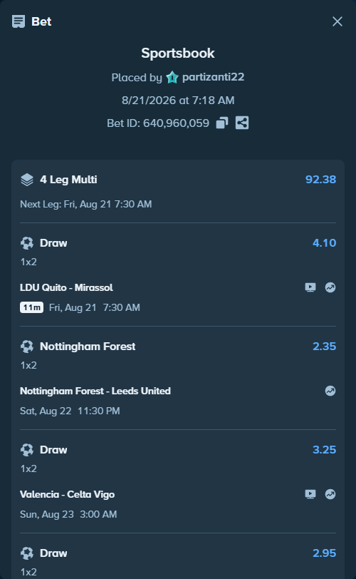 Bet slip: Valencia - Celta Vigo, $10,913.02 stake at 3.25 odds, placed by partizanti22