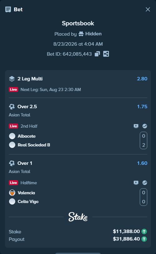 Bet slip: Valencia - Celta Vigo, $11,388.00 stake at 1.60 odds, placed by Hidden