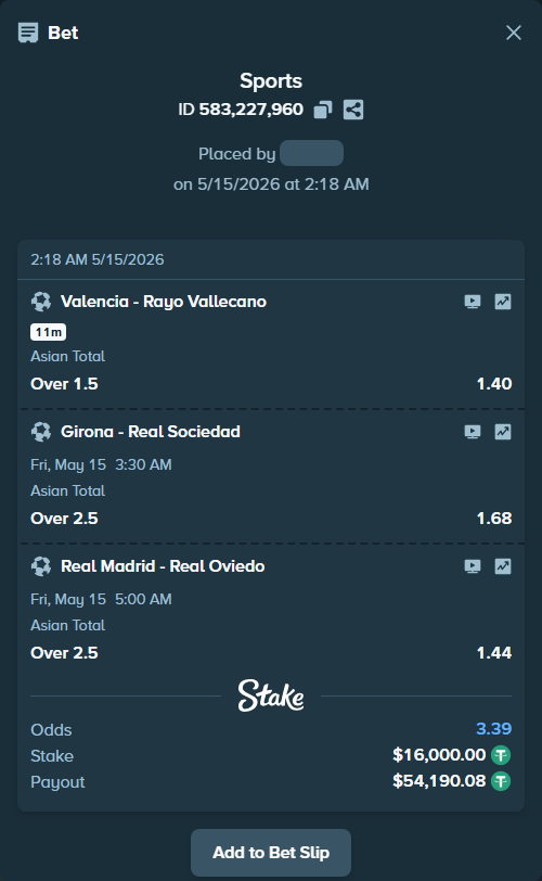 Bet slip: Valencia - Rayo Vallecano, $16,000.00 stake at 1.40 odds, placed by ashaark