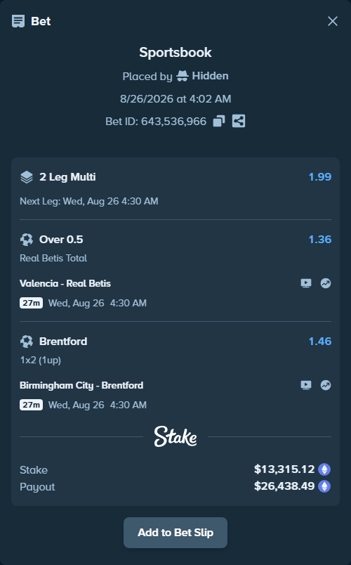 Bet slip: Valencia - Real Betis, $13,220.62 stake at 1.36 odds, placed by Hidden