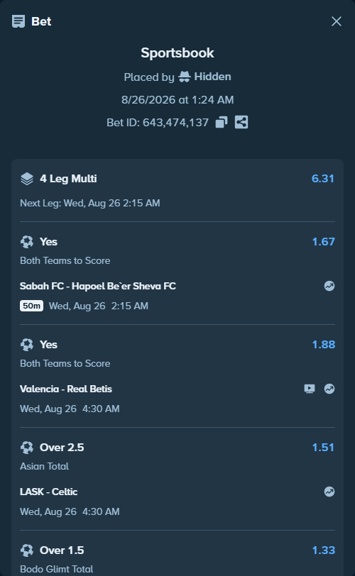 Bet slip: Valencia - Real Betis, $133,341.00 stake at 1.88 odds, placed by Hidden