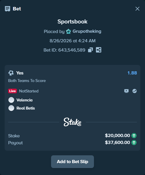 Bet slip: Valencia - Real Betis, $20,000.00 stake at 1.88 odds, placed by Grupotheking