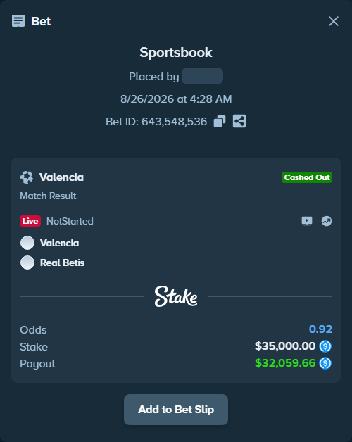 Bet slip: Valencia - Real Betis, $35,000.00 stake at 2.75 odds, placed by bappuji668