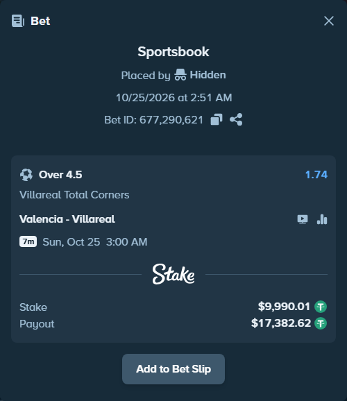 Bet slip: Valencia - Villareal, $10,000.00 stake at 1.74 odds, placed by Agus1033