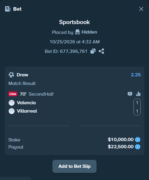 Bet slip: Valencia - Villareal, $10,000.00 stake at 2.25 odds, placed by martinesor