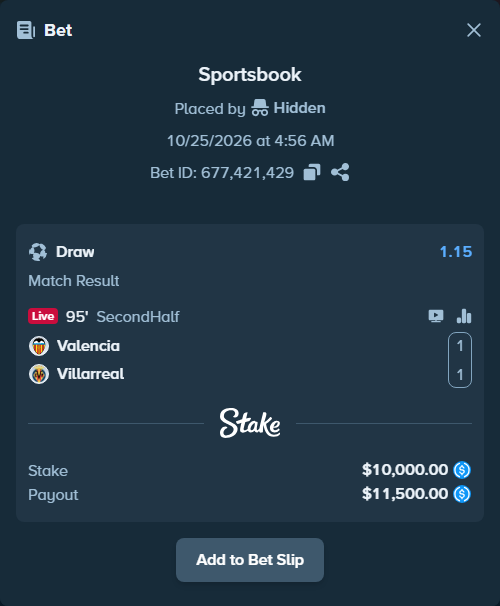 Bet slip: Valencia - Villareal, $10,000.00 stake at 1.15 odds, placed by Charskjerdal
