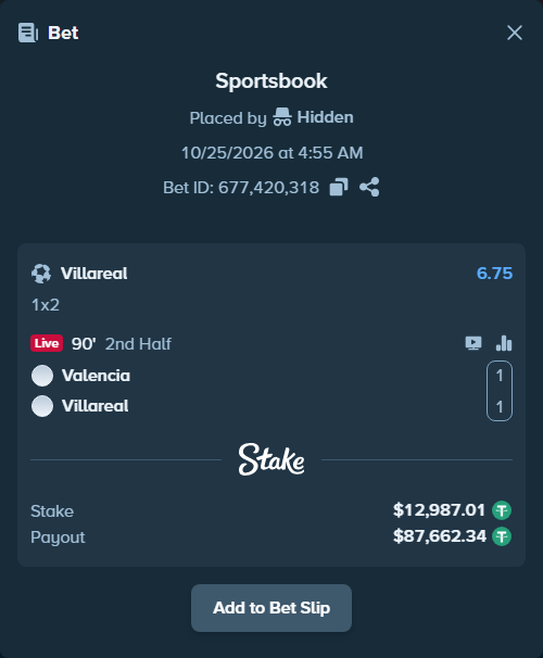 Bet slip: Valencia - Villareal, $13,000.00 stake at 6.75 odds, placed by Hidden