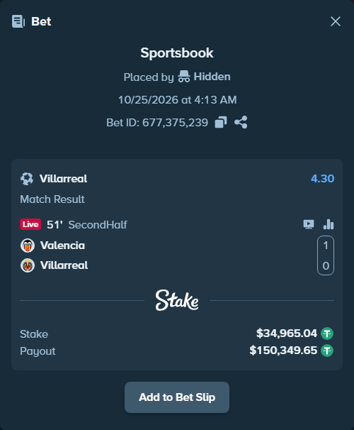 Bet slip: Valencia - Villareal, $35,000.00 stake at 4.30 odds, placed by Hidden