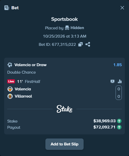 Bet slip: Valencia - Villareal, $39,008.00 stake at 1.85 odds, placed by Hidden