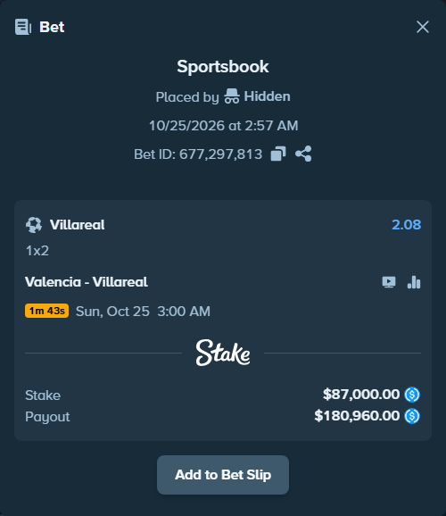 Bet slip: Valencia - Villareal, $87,000.00 stake at 2.08 odds, placed by Hidden